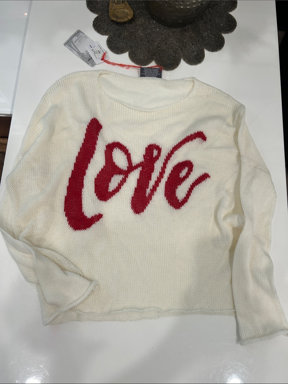 Wooden Ships Ivory Crewneck Sweater with Red "Love" Script size XS, oversized